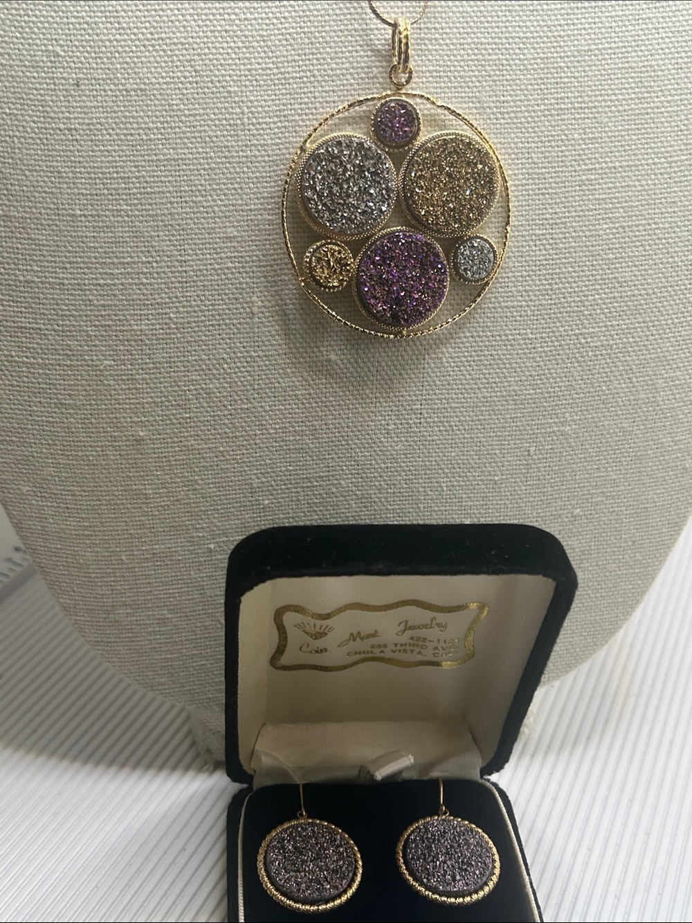 Milor LOT Italy 14KT Gold Multi-Color Gem Show Druzy Circle Pendant and Earrings